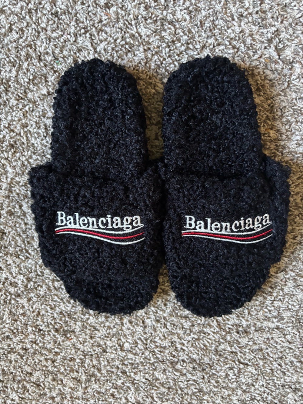 Black Shearling  Slides with Red and White Stripe